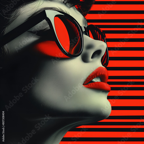 close-up of a woman's face, accentuated by vibrant red sunglasses and matching bold lipstick, set against a background of dynamic red and black stripes