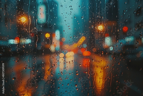 A rain covered window with raindrops falling, revealing a street light in the background