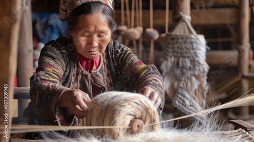 An elderly woman is using a loom to intricately weave a piece of cloth in a traditional manner.