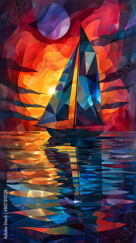 Vibrant painting of a sailboat on electric blue water at sunset