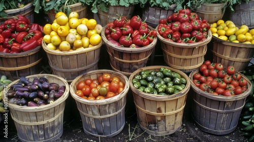 Baskets overflowing with vibrant ripe fruits and vegetables.