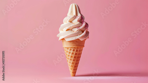 Colorful ice cream with cones and various fruits, strawberry, lemon, almonds and peppermint leaves setup on pastel color background. 