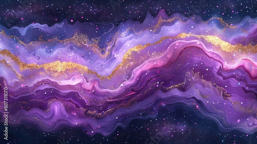  A stunning painting of a purple and gold swirl against a black backdrop with celestial bodies scattered across the sky