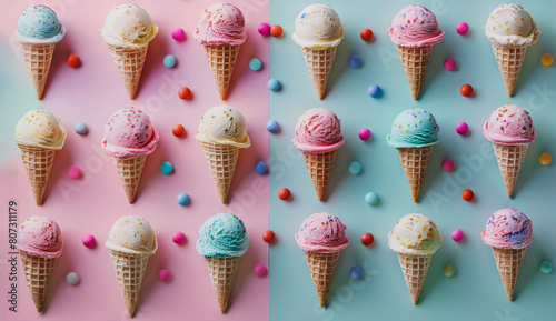 Colorful ice cream with cones and various fruits, strawberry, lemon, almonds and peppermint leaves setup on pastel color background. 