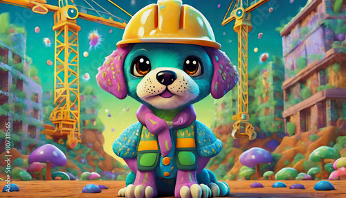 oil painting style cartoon character Multicolored baby dog construction worker
