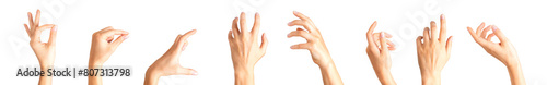 Set of woman hands showing different gestures, pointing and showing signs