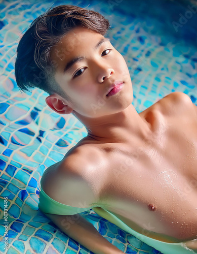 Half-naked, handsome Thai teen posing in a shallow-water swimming pool.