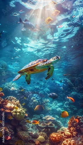 Vibrant underwater world with diverse marine life, tropical fish, and graceful sea turtle