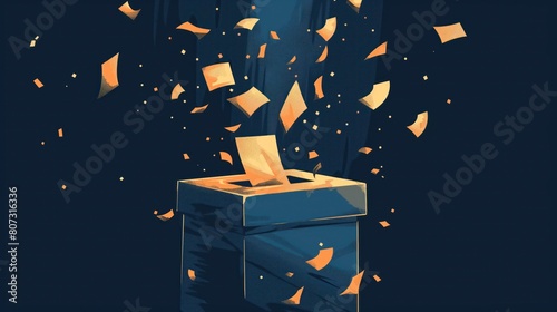 Votes falling into the ballot box, democracy, elections and referendum concept illustration, in tones of caramel and indigo 