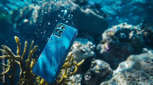 A mobile phone designed for underwater exploration, with waterproof features and marine-inspired aesthetics, against a softly blurred coral reef backdrop, immersing users in the beauty of the ocean