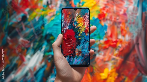 A mobile phone inspired by the art of abstract expressionism, with bold brushstrokes and vibrant colors, against a softly blurred gallery backdrop filled with abstract paintings, stimulating creativit