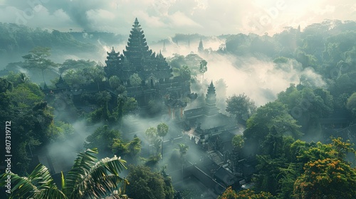 A deep mysterious jungle with temples. Aerial high view. Generative AI.