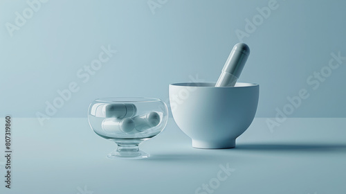 futuristic pill alongside a traditional glass mortar and pestle. This symbol highlights the blend of age-old wisdom and cutting-edge technology, perfect for medical websites 