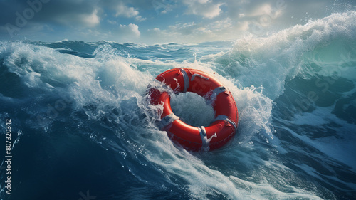 lifebuoy on a dark background with waves and a stormy sky. 3 d render.