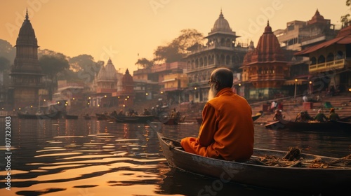 Elderly Man Meditating on a Boat in Varanasi at Sunrise with Ancient Cityscape