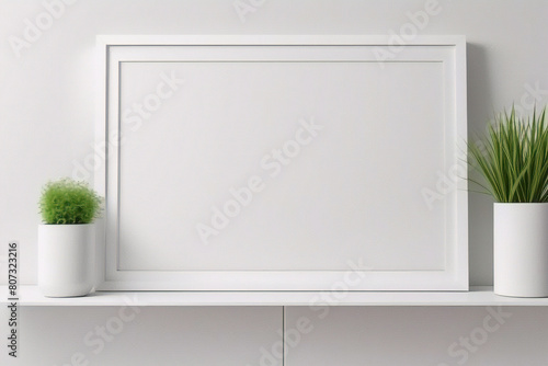 Weißer Rahmen lehnt auf weißem Boden im Innenmodell. Vorlage eines an einer Wand gerahmten Bildes 3D-Rendering