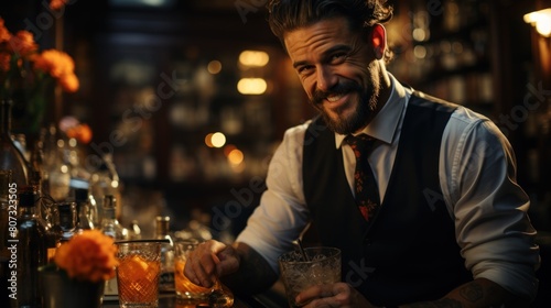 Stylish Bartender Preparing a Cocktail at a Classic Bar, Wearing a Vest and Tie