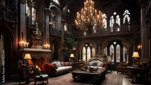 a scene featuring a grand, gothic-inspired living space, complete with towering ceilings, a flickering fireplace, opulent chandeliers, and decadent rococo detailing throughout