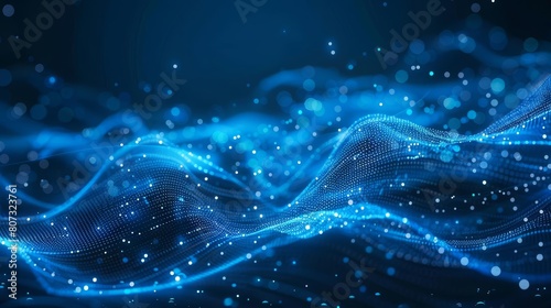 Abstract blue digital background with glowing dots and waves of data flowing in the air on dark blue background, AI technology concept