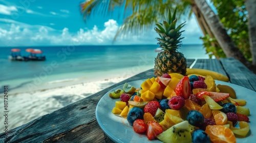 Fruit salad on a table overlooking the tropical sea