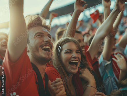 Junges Pärchen zeigt Freunde über den Sieg einer Fußballmannschaft. Fans beim Feiern ihrer Mannschaft.