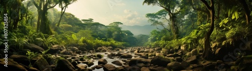 lush tropical rainforest landscape with flowing stream