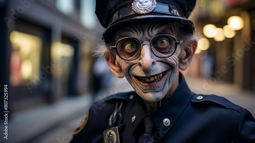 Funny police officer in costume with exaggerated features