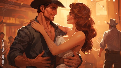 romantic couple dancing in western saloon