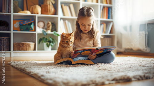 Little girl and a cat are sitting on the carpet in the playroom. The child leafs through the book, and the cat watches with interest.