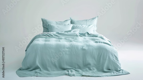 Tranquil modern bedroom with a comfortable bed dressed in pale turquoise linens, shot in studio setting on an isolated white backdrop