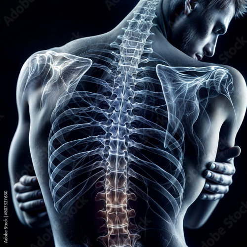 X Ray 3D Rendering - Man with severe pain in the spine and intervertebral discs - Herniated disc -3D illustration created with generative ai.