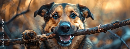 a dog with a stick in its teeth in nature
