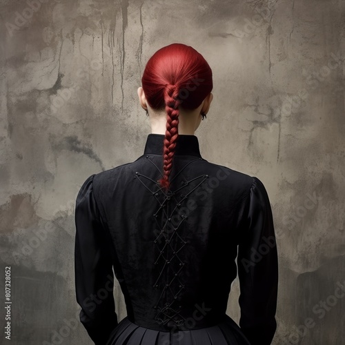 Mysterious woman with red braided hair wearing a black dress