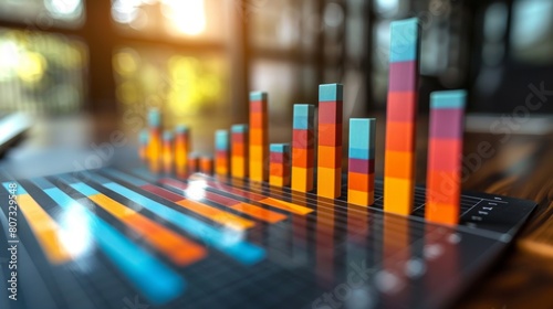 Tablet projecting vibrant bar graph for comparative profitability analysis against blurred background