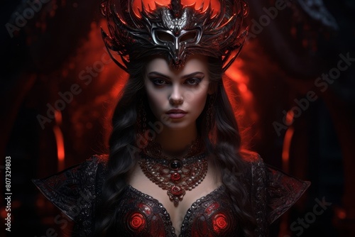 Fierce dark fantasy warrior queen in dramatic red and black costume