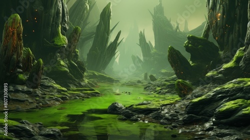 Enchanted alien landscape with glowing green lake