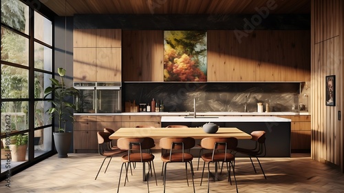 a sophisticated kitchen ambiance with AI-generated imagery showcasing detailed wooden art installations throughout