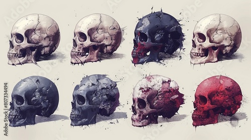 Set of hand-drawn skulls illustrations. Grunge skulls. Modern illustration.