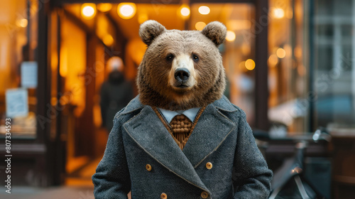 Dapper bear struts through urban jungle, exuding street style in a tailored ensemble. Realistic cityscape forms the backdrop,