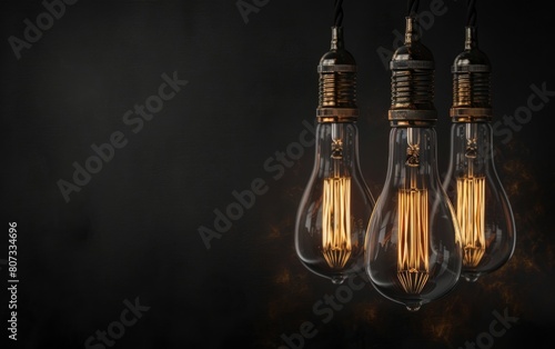 Edison bulbs hanging in darkness with glowing filaments.
