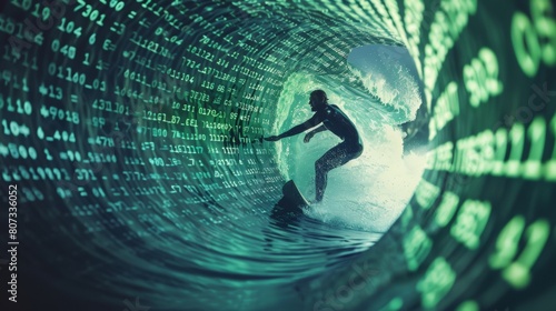 Businessman surfs through cyberspace, depicted as waves of glowing binary code