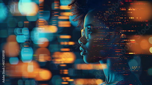 AI cyber security threat illustration, black african american female IT specialist analysing data information technology, augmented reality artificial intelligence collage, side profile, copy space AI
