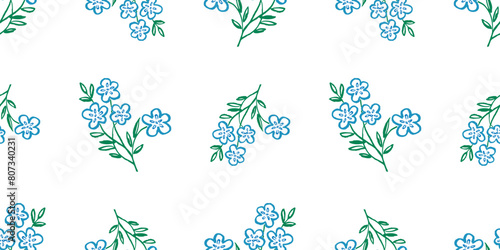 Flowers blue,contour drawing,floral seamless pattern,daisy,leaves,petals,violets,bunch,hand drawn,vector background,paper,textile,isolated on white