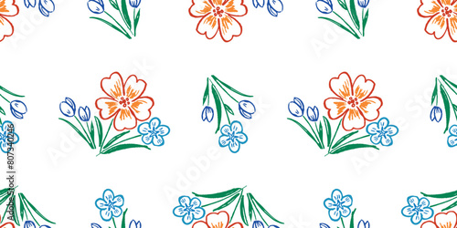 Flowers blue,orange,bunches,contour drawings,floral seamless pattern,daisy,leaves,petals,violets,bunch,hand drawn,vector background,paper,textile,isolated on white