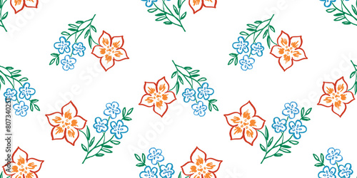  Flowers blue,orange,bunches,contour drawings,floral seamless pattern,daisy,leaves,petals,violets,bunches,hand drawn,vector background,paper,textile,isolated on white