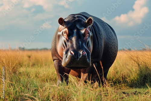 Hippopotamus Standing in a Grassy Field