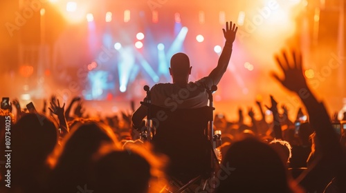 A man in a wheelchair raises his hands in excitement at a concert, enjoying the music and atmosphere.