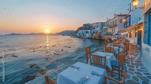 Luxury restaurant at sunrise. tables and chairs set up for an outdoor dining experience on white stone walls near water edge, overlooking small houses with pastel colored facades. Generative AI.