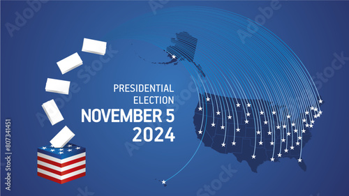 USA Presidential Election November 5, 2024. USA political election campaign banner with blue background. USA Voting Day 2024. USA stars with USA flag, map, ballot box and ballots on blue background