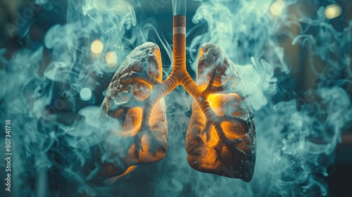 A lungs surrounded by cigarette smoke. Generative AI.